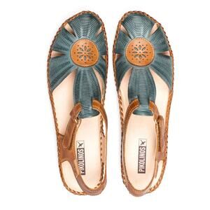 Pikolinos Puerto Vallarta Teal Cutout Leather T-Strap Boho Comfort Sandals Sz 40